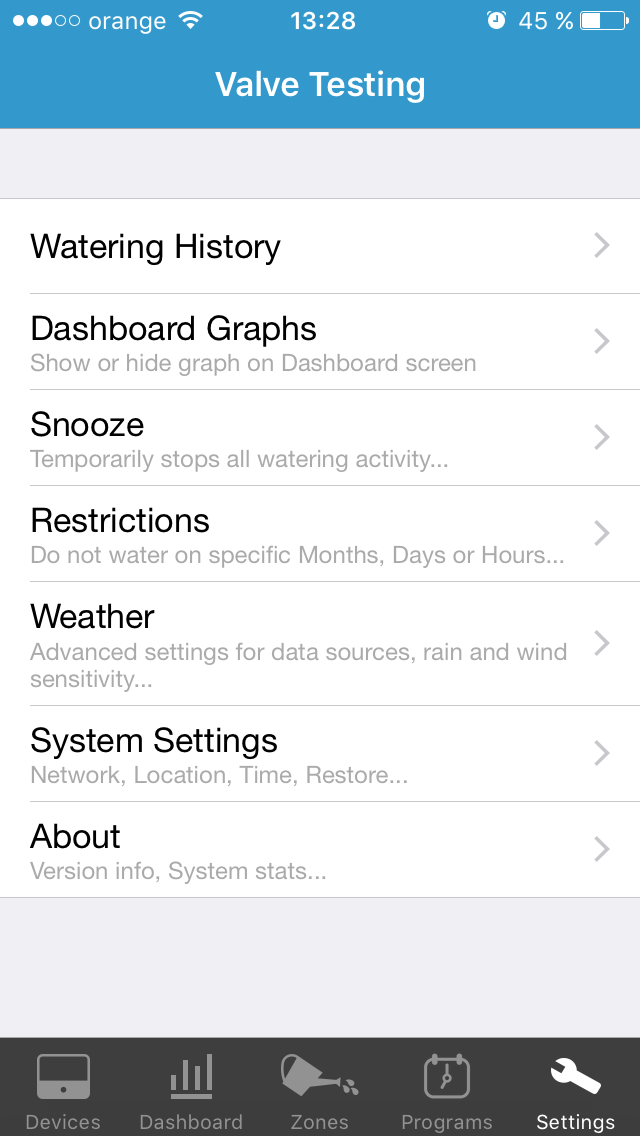 Settings screen – RainMachine